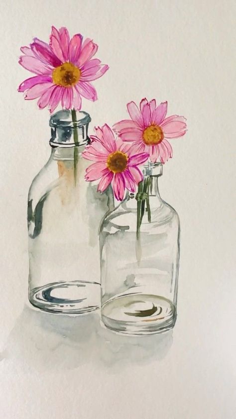 Watercolor Paintings Aesthetic, Water Colour Ideas, Flowers In A Bottle, Paint Aesthetic, Flower Watercolour, Watercolour Florals, Learn Watercolor Painting, Watercolor Paintings Nature, Watercolor Flowers Tutorial