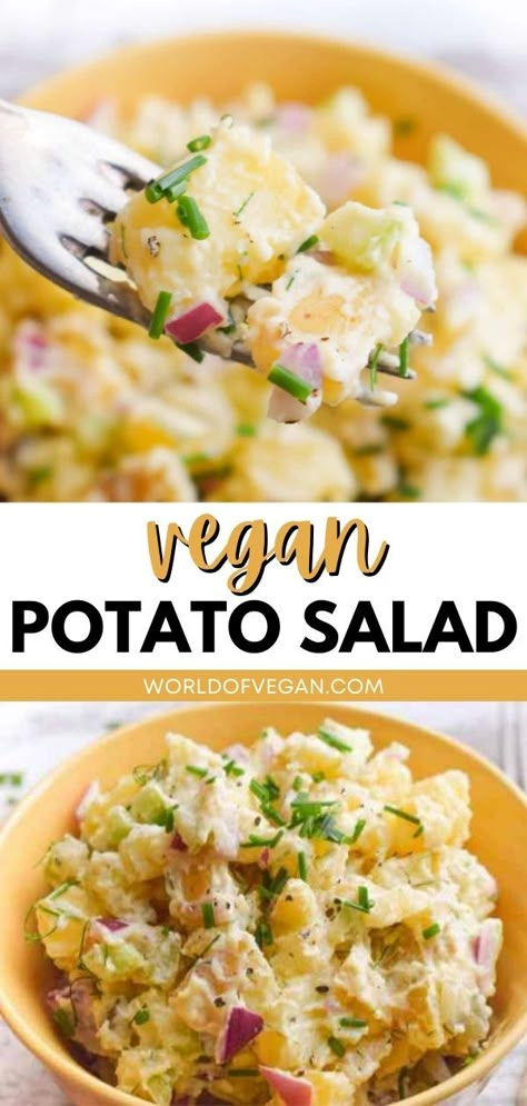 Eggless Potato Salad Recipe, Vegan Potatoes, Vegan Potato Salad, Potato Salad Healthy, Vegan Potato Salads, Vegan Salad Dressing, Healthy Potatoes, Vegan Summer Recipes, Potato Salads