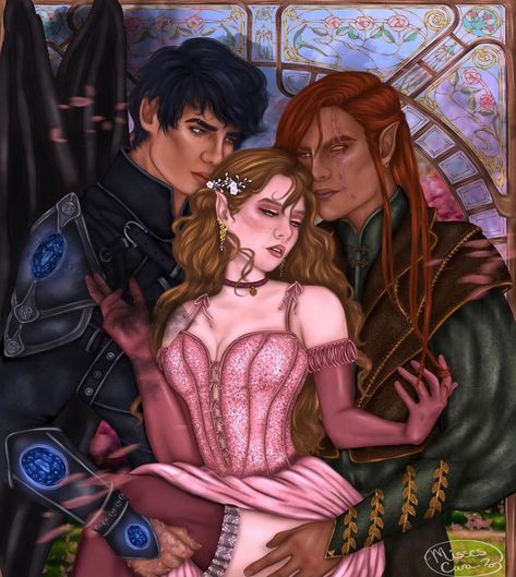 Hello, Darkness Darling on Instagram: “The infamous love triangle by @missescara_2 🥀 I love this steamy version. 🔥 If Elain was smart, she’d take her time getting to know each…” Elain And Lucien Acosf, Elain Lucien Azriel, Elain And Azriel Acosf, Elain And Azriel Fanfic, Elain Lucien, Azriel Elain, Sara J Maas, Feyre And Rhysand, Book Fanart