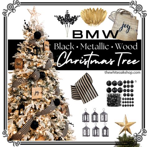 Black, Metallic and wood items for a Christmas tree Black And White Rustic Christmas Tree, Black Metallic Wood Christmas, Black And Natural Christmas Tree, Black And Wood Christmas Tree, Black Farmhouse Christmas Tree, Farmhouse Flocked Christmas Tree Ideas, Flocked Christmas Trees Decorated Black, Red And Black Christmas Tree Ideas, Themed Christmas Tree Ideas 2023