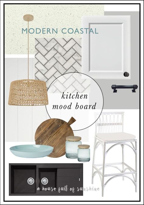 Inspiration for a modern coastal kitchen with a Hamptons vibe. Crisp, fresh white-on-white colour scheme with black accents, herringbone marble, rattan & duck egg blue. Click through for sources and progress shots! via @karenschrav Black And White Coastal Kitchen, Coastal With Black Accents, Hamptons Vibe, Coastal Decor Kitchen, Modern Coastal Kitchen, Kitchen Coastal, Coastal Kitchen Design, Design Mood Board, Daniel Island