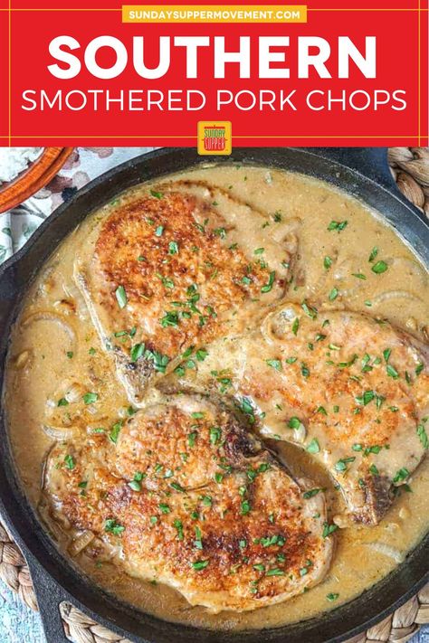 Southern Baked Pork Chops, 12 Tomatoes Recipes Southern Smothered Pork Chops, Smothered Porkchops Stovetop, Pork Chops Onion Gravy, Simmered Pork Chops, Pork Chops And Gravy Recipes, Smothered Pork Chops Southern, Smothered Pork Chops Bone In, Unstuffed Pork Chops