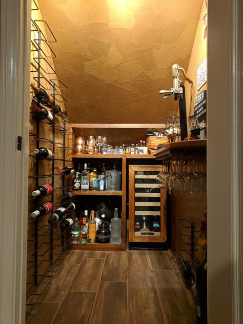 Under Stairs Speakeasy, Trending Home Design, Under Stairs Wine, Under Stairs Wine Cellar, Wine Grotto, Stairs Closet, Wine Room Design, Closet Under Stairs, Stairs Lighting