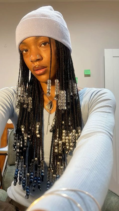 Braids With Black Beads, Braids With Bumped Ends, Unique Knotless Braids Hairstyles, Locs With Layers, Layered Braids With Beads, Long Box Braids With Beads, Box Braids Side Part, Braids With Layers, Plaits With Beads