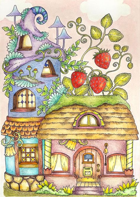 Fairy Cottage Drawing, Cottage Drawing Fairytale, Whimsical Buildings, Fairytale Drawings, Cottage Drawing, Cottage Fairytale, Town Drawing, Cottage Illustration, Pan Pastels