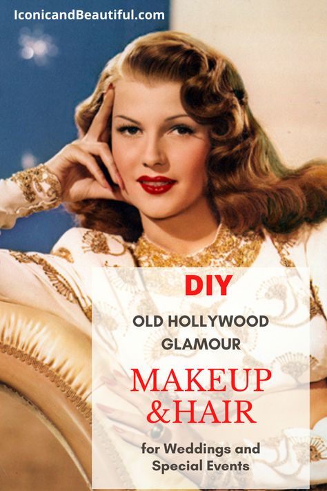 how to get glamorous makeup and hair yourself, do it yourself for your wedding or event Golden Era Hollywood Glamour, Old Hollywood Glam Makeup Looks, Wedding Makeup Old Hollywood, Easy Old Hollywood Hair, Old Hollywood Glamour Hair Tutorial, Old Hollywood Glamour Makeup Tutorial, Old Hollywood Glam Hairstyles, Old Hollywood Glam Hair Tutorial, Old Hollywood Hair Updo