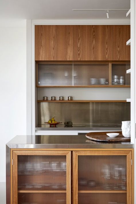 The Barbican Apartment | East London Interior Design — A New Day - Interior Design Studio - London Reeded Glass Kitchen, Glass Upper Cabinets, Kitchen Wall Units, Glass Kitchen Cabinets, Wall Unit Designs, London Interior Design, The Barbican, Reeded Glass, Japanese Home Decor