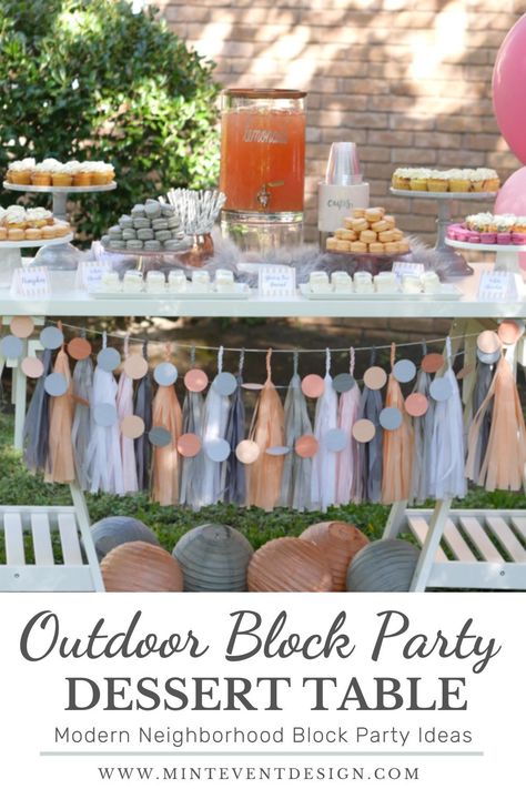 Host a safe and socially distant outdoor block party for your neighborhood with these gorgeous modern drink and dessert table ideas. Get more outdoor party ideas now at minteventdesign.com! Block Party Set Up, Neighborhood Block Party Ideas, Drinks Table Party Ideas, Block Party Decorations, Outdoor Dessert Table, Block Party Ideas, Fair Treats, Block Party Desserts, Summer Dessert Table