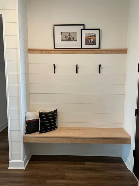 Shiplap Wall With Shelf, Closet Into Mudroom Entry Ways, Mudroom Wall Ideas, Ikea Mud Room, Closet Nook, Shelf Ledge, Foyer Ideas Entryway, Custom Kitchen Remodel, Mudroom Remodel