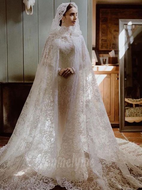 Ralph Lauren Wedding Dress, Bridal Gown Ideas, High Neck Long Sleeve Wedding Dress, Wedding Dress With Cape, Gown With Cape, Wedding Frocks, Modest Bridal Gowns, Celebrity Bride, Gown Ideas