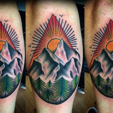 Traditional Mountain Tattoo, Traditional Sun Tattoo, Berg Tattoo, Pine Tattoo, Camping Tattoo, Gear Tattoo, Old School Ink, Mountain Tattoo Design, Traditional Tattoo Inspiration