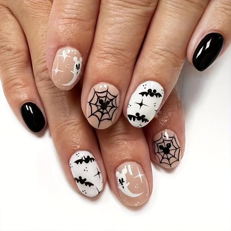 PRICES MAY VARY. Halloween Press on Nails: Halloween almond press on nails with cute ghost, bat, spider web pattern make you look more charming. Easy to create a Halloween happy atmosphere during Halloween time. Package Include: You will receive 24pcs halloween short fake nails, 24pcs double-side glue stickers, 1pcs nail file, 1 wooden stick, don’t need to purchase anything else. High Quality: These short press on nails with designs are made of healthy ABS material, they have no odor and will no Halloween Press On Nails, Nagellack Trends, Nagel Tips, Seasonal Nails, Gray Nails, Nail Envy, Nail Swag, Nail Forms, Halloween Nail Designs