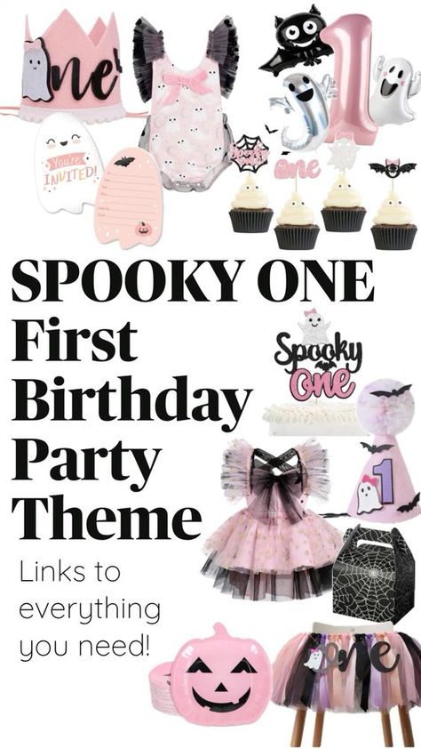 Halloween Spooky One 1st birthday party theme idea for girl. Decor and outfit inspo + more at link! Spooky One First Birthday Girl, Spooky One Birthday Party, Spooky One First Birthday, Girl Halloween Party, Spooky One Birthday, Spooky One, First Birthday, Birthday Party, Halloween