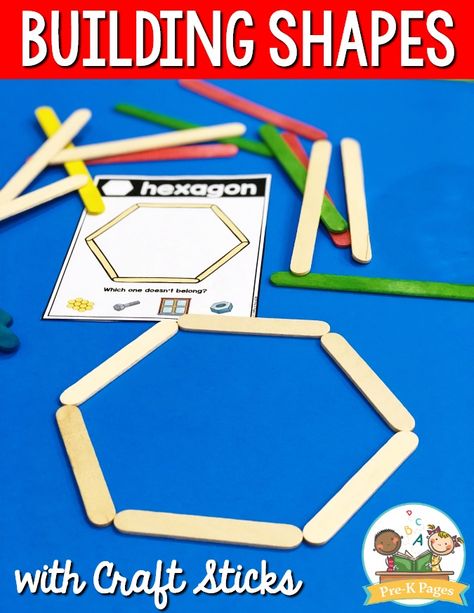 Building Shapes with Craft Sticks Preschool Building Activities, School Readiness Activities, Preschool Activities At Home, Shape Activities Preschool, Activity For Preschool, Cognitive Activities, Teaching Shapes, Preschool Colors, Craft Sticks