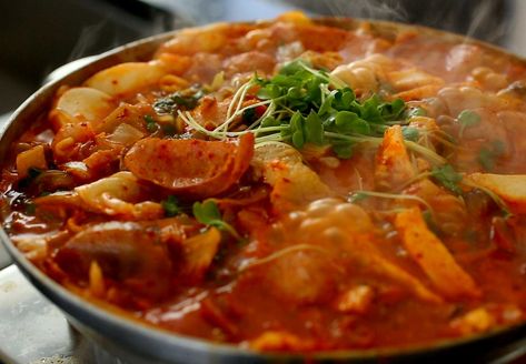 Army Base Stew Recipe, Korean Hotpot, Budae Jjigae Recipe, Army Base Stew, Jjigae Recipe, Budae Jjigae, Maangchi Recipes, Shrimp Stock, Recipes Korean