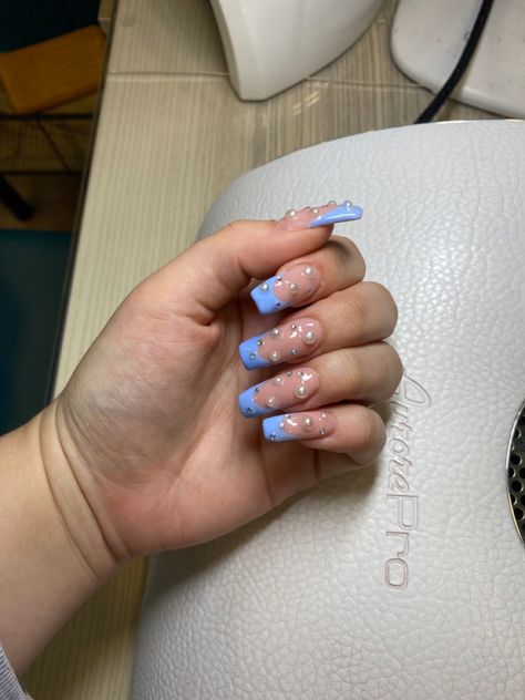 Light Blue Nails With Pearls, Light Blue Nails With Rhinestones, Light Blue French Nails, French Nails With Pearls, Blue French Nails, Blue French Manicure, Nails With Pearls, Blue French Tips, Light Blue Nails