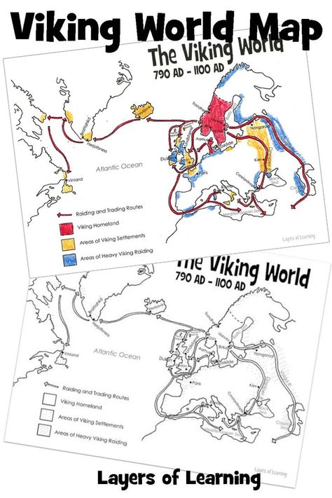 A printable map of the Viking lands.  Their homelands, the places they raided and traded, and the places they settled. Viking Unit Study, Viking Lapbook, Viking Feast, Vikings For Kids, Viking Crafts, Viking People, World History Lessons, Homeschool Social Studies, Unit Studies