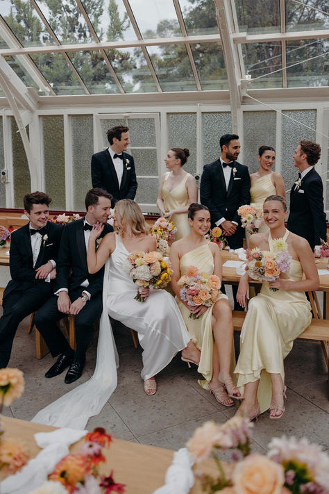 @biancabull's bridesmaids wear La Lune dresses in Lemon. Pastel Yellow Bridesmaid Dresses, Pale Yellow Bridesmaid Dresses, Light Yellow Weddings, Pale Yellow Weddings, Lemon Bridesmaid Dresses, Dreamy Proposal, Slim Wedding Dresses, Pastel Wedding Theme, Beach Wedding Bridesmaid Dresses