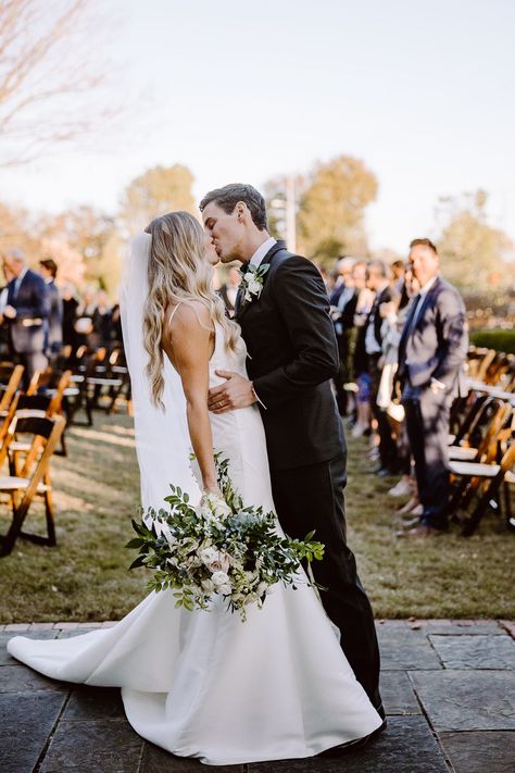 End Of Aisle Wedding Photo, Bride Coming Down The Aisle, Wedding Aisle Kiss Photo, Bride And Groom First Kiss, End Of Aisle Kiss, Aisle Kiss Wedding, Mid Aisle Kiss Wedding, Bride And Groom Same Height, Wedding Kiss Pictures