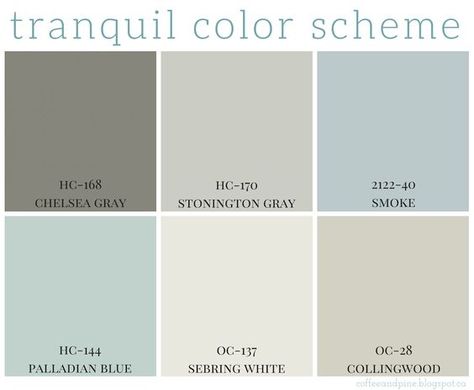 Full home color scheme - calming colors are so popular right now in home decor. Benjamin Moore has some great paint colors that are calming and neutral. #decor #paint #home http://coffeeandpine.blogspot.ca/2015/04/tranquil-color-scheme.html: Morning Dove, Paint Room, Dream Spa, Men's Bedroom, Stonington Gray, Palladian Blue, Indoor Paint, Brick Cottage, Bedroom Painting