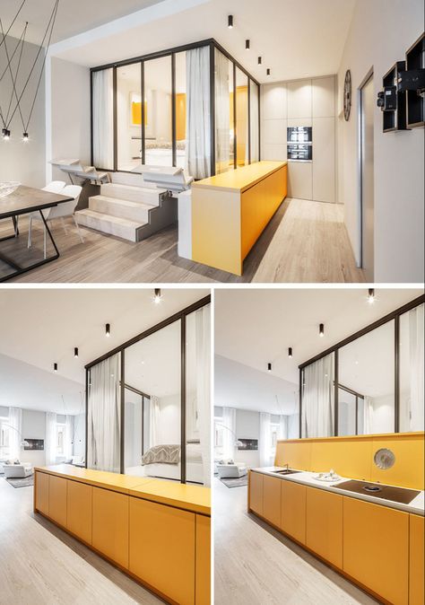 Yellow Sideboard, Small Apartment Ideas, Trento Italy, Mini Apartments, Micro Apartment, Architecture Bathroom, Hidden Kitchen, Loft Space, Small Studio Apartments