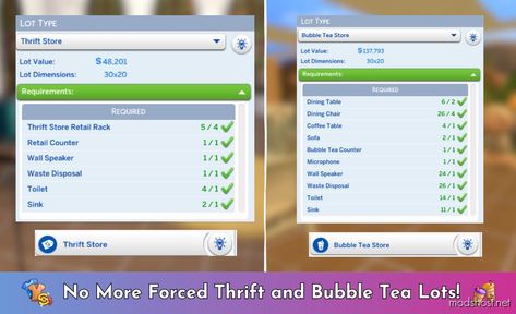 Separated ThrifTea Lot Types for Sims 4 at ModsHost! I created a mod that adds two new lot types to the game. This mod adds the Thrift Store lot type and the Bubble Tea Store lot type. I am not a big fan of being forced to build a tea shop in a thrift, so with this mod, you will be able to build... #sims #mods #game #videogames #gaming #sims4cc Sims 4 More Lot Types Mod, Sims 4 Thrift Store Cc, Sims 4 Lot Types Mod, Bubble Tea Store, Sims Challenge, Retail Counter, Bubble Tea Shop, Sims 4 Game Mods, Sims 4 Expansions