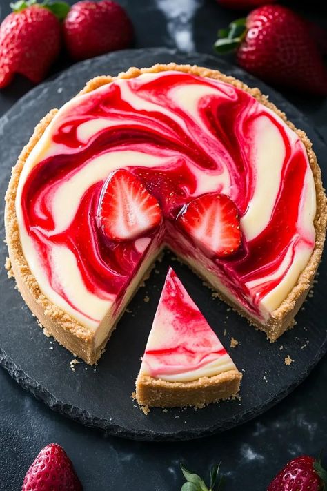 Strawberry Swirl Cheesecake Strawberry Jam For Cheesecake, Strawberry Swirl Cheesecake Recipe, Cheesecake Recipes Strawberry, Cheesecake Decorating Ideas, Cheesecake With Strawberry Topping, Strawberry Cheesecake Recipes, Dessert With Strawberries, Strawberry Baking, Cheesecake Strawberries