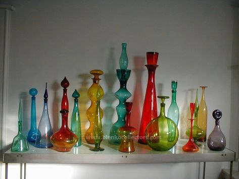 Decorative Glass Jars, Mid Century Art Glass, Mid Century Glassware, Blenko Glass, Colored Vases, Genie Bottle, Colored Glassware, Vintage Bottles, Glass Fish