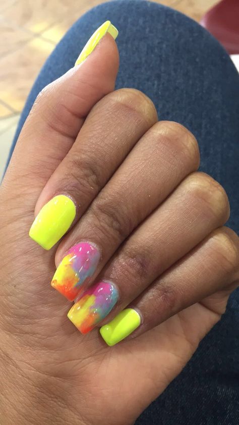 #nails #watercolor #neon Neon Green And Teal Nails, Teal And Neon Yellow Nails, Tan And Neon Yellow Nails, Neon Yellow Outline Nails, Nails Watercolor, Neon Pink And Neon Yellow Nails, Watercolor Nails, Water Color Nails, Teal Nails