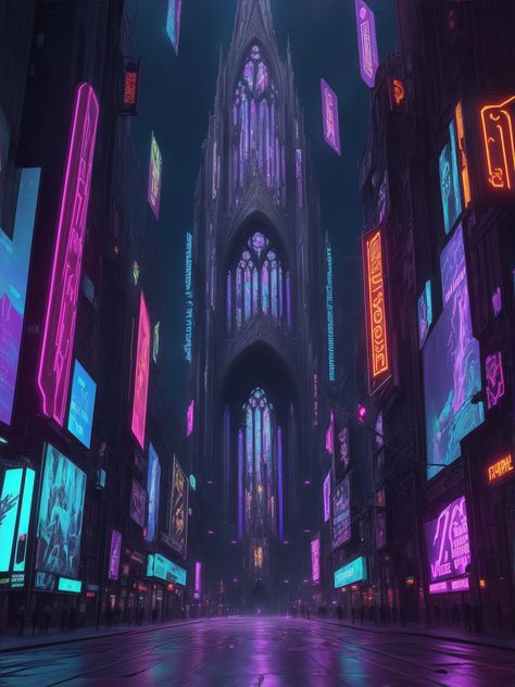 Magical City Aesthetic, Futuristic Ballroom, Cyberpunk World Building, Futuristic Gothic Architecture, Cyberpunk Aesthetic City, Scenery With People, Magic Cyberpunk, Victorian Cyberpunk, Neon Cathedral