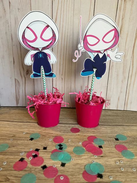 Ghost Spider Centerpieces, Ghost Spider Party Decorations, Ghost Spider Valentine Box Ideas, Spidey And Friends Centerpieces, Spider Gwen Party Decorations, Spidey Centerpieces, Girl Spidey Birthday Party, Ghost Spider Birthday Party Ideas, Spidey Girls Party