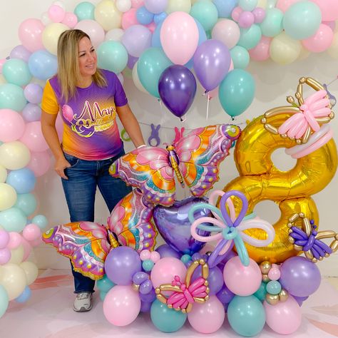 @mayuballoonsdecor for more ideas! Ballon Decorations Butterfly, Butterfly Balloon Bouquet, Ballon Garland Butterfly, Balloons Butterfly, Butterfly Flower Balloon Garland, Butterfly Balloons Purple, Helium Balloons Birthday, Butterfly Balloons, Largest Butterfly