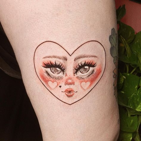 Tattoos 2024, Blushing Face, Tattoo Color, Heart Face, Dainty Tattoos, Birthday Outfits, Face Tattoo, Doll Eyes, Heart Art