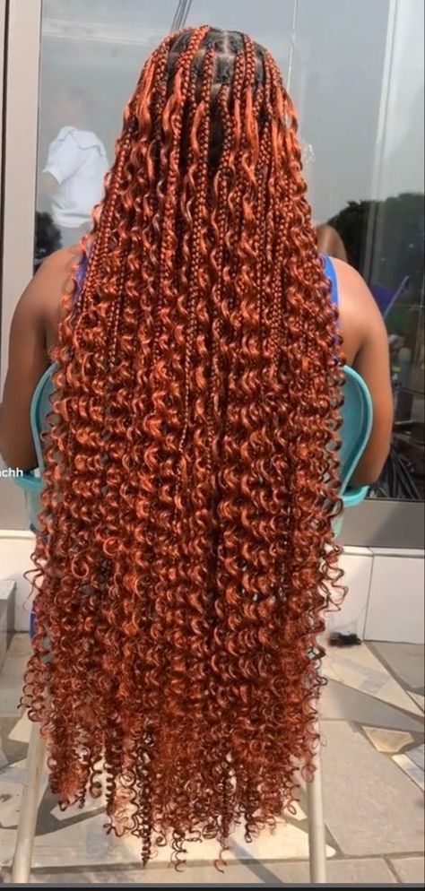 Ginger Hair Braids Hairstyles, Color 350 And Orange Braids, Box Braids Ginger Color, Long Box Braids Hairstyles Color, Ginger And Blonde Goddess Braids, Long Goddess Braids With Color, Ginger Braids Hairstyles, Braid Colours For Black Women, Orange Boho Braids