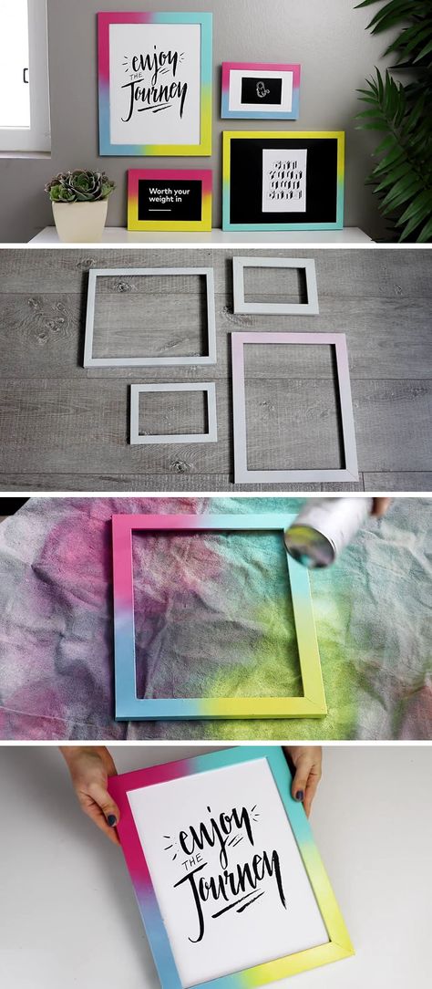 Create your own easy DIY colorful gallery wall by spray painting simple white frames with bright colorful gradients, and pair them with simple black and white artwork to keep it all looking contemporary. Diy Photo Frame Ideas, Photo Frame Ideas, Cadre Photo Diy, Diy Photo Frame, Painting Simple, Picture Frame Crafts, Simple Artwork, Diy Photo Frames, Frame Ideas