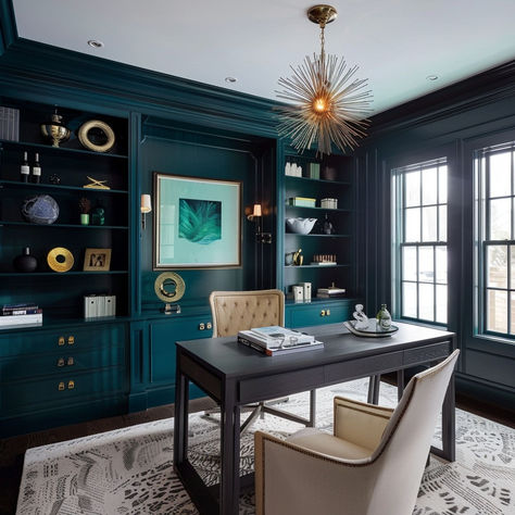 The 11 Best Home Office Paint Colors Good Office Colors, Dark Teal Home Office, Teal And Grey Office, Dark Teal Office Walls, Best Colors For Home Office, Teal Office Ideas, Moody Blue Office, Dark Teal Office, Office Wall Color Ideas