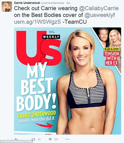 Proud: Carrie covers this week's copy of Us Weekly, out now Blake Lively Body, Carrie Underwood Workout, Carrie Underwood Style, Adele Weight, Carrie Underwood Photos, Celebrity Bodies, Lean Legs, Killer Legs, Body Hacks