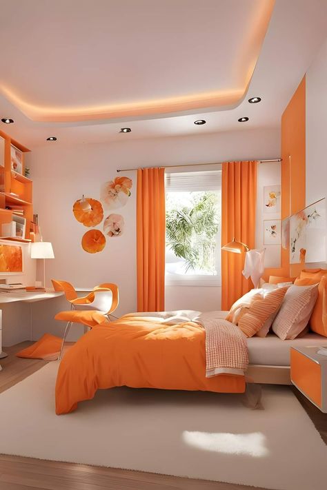 White Girls Bedroom, Bedroom Inspirations Modern, Orange Bedroom Ideas, Coworking Design, All White Bedroom, Decor Ideas For Living Room, Orange Rooms, Long Living Room, Home Decor Cozy