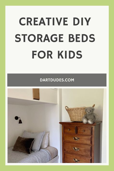 Creative DIY storage bed for kids with a built-in bedside bookshelf and lamp, next to a dresser with a wicker basket and stuffed owl. Boys Twin Bed Storage, Diy Captains Bed, Diy Twin Bed Frame With Storage, Captain Beds With Storage, Kid Bedroom Double Bed And Storage, Toddler Captains Bed, Twin Bed Plans Storage, Diy Twin Bed Frame, Wooden Toddler Bed