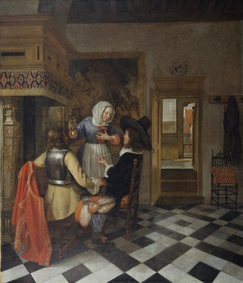 c.1660,Hendrick van der Burch, Drinkers before the Fireplace,Oil on canvas,77.47x66.36cm.Frick Collection,New York. David Wilkie, Painters Studio, Paris Louvre, Dutch Painters, Louvre Paris, Louvre Museum, Painting Reproductions, Old Master, Vintage Artwork