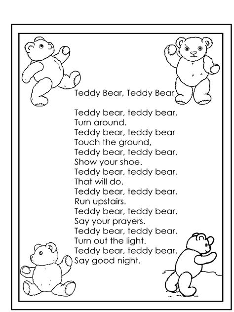 teddy bear teddy bear nursery rhyme - Google Search Bear Quotes, Rhymes Lyrics, Nursery Rhymes Lyrics, Bear Songs, Teddy Bear Nursery, Circle Time Songs, Teddy Bear Day, Kindergarten Songs, Classroom Songs