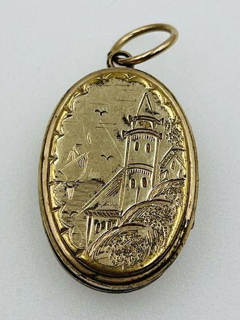 Antique Victorian Gold Filled Ornate Castle Landscape Enamel Oval Locket Pendant | eBay Victorian Locket Gold, Vintage Locket Necklace Victorian, Antique Locket Necklace, Antique Victorian Jewelry, Aden Gallagher, Locket Necklace Aesthetic, Relics And Artifacts, Lockets Gold, 1800s Jewelry