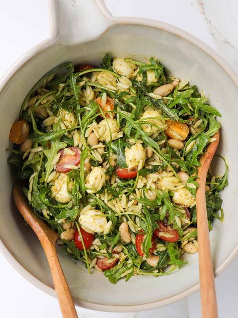 Pesto Orzo Salad, Pesto Orzo, Fall Salads, Dairy Free Pesto, Orzo Salad Recipes, Rocket Leaves, Orzo Pasta Salad, Fresh Eats, Lentil Pasta