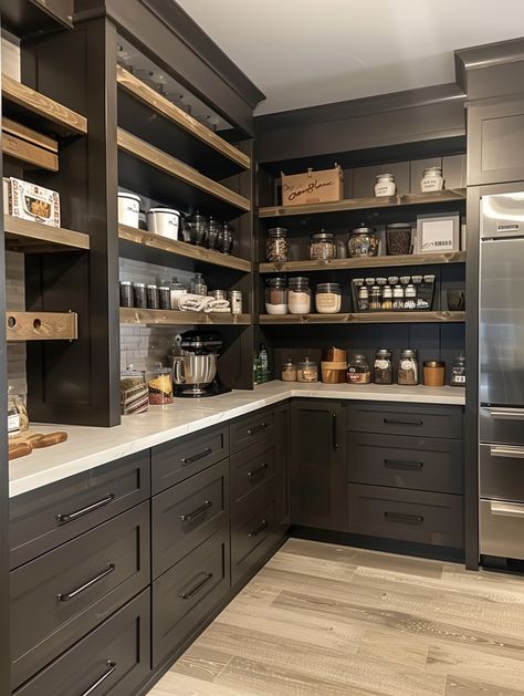 Prep Kitchen Pantry, Walk In Pantry Design, Walk In Pantry Ideas Layout, Modern Farmhouse Pantry, Walk In Pantry Ideas, Inside Kitchen, Pantry Layout, White Pantry, Modern Pantry