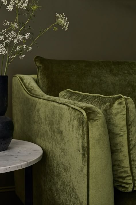 Olive Couch, Paige Wassel, Olive Green Sofa, Shiplap Room, Women Room, Green Sofa Living, Olive Sofa, Norfolk House, Green Velvet Chair