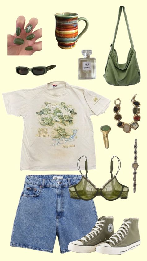 #outfitinspo #aesthetic #green #summer Vintage Outfits For Summer, Artsy Summer Outfit, Green Clothes Aesthetic, Artsy Aesthetic Outfits, Nature Aesthetic Outfit, Green Summer Aesthetic, Artsy Aesthetic Clothes, 80s Summer Outfits, Green Summer Outfit