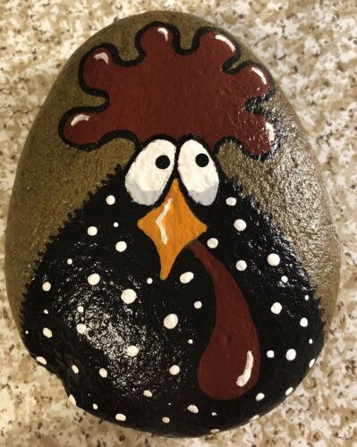 Hand Painted Rock Whimsical Black Rooster Paperweight Decoration Gift Item NEW | eBay Rock Crafts Diy, Black Rooster, Painted Rock Animals, Painted Pots Diy, Painted Rocks Kids, Painted Rocks Diy, Paint Rock, Pet Rocks, Hand Painted Rocks