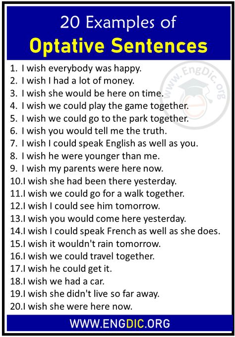 20 Examples of Optative Sentences Below are 20 Examples: I wish everybody was happy. I wish I had a lot of money. I wish she would be here on time. I wish we could play the game together. I wish we could go to the park together. I wish you would tell me the truth. I wish I could speak English as well as you. I wish he were younger than me. I wish my parents were here now. I wish she had been there yesterday. I wish we could go for a walk together. I wish I could see The post 20 Examples of Optat Optative Sentences Examples, Optative Sentences, Could Sentences, Everyday Speech, Tell Me The Truth, Types Of Sentences Worksheet, Sentences Worksheet, Sentence Examples, Be Powerful