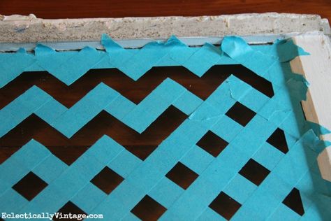 Make a Chevron pattern the easy way - with just tape and paint!  eclecticallyvintage.com How To Paint Chevron Stripes, Arts And Crafts Videos, Paint Chevron Stripes, Chevron Cakes, Love Canvas Painting, Pallet Table Diy, Sewing Shop, Flower Painting On Canvas, Distressed Wood Signs