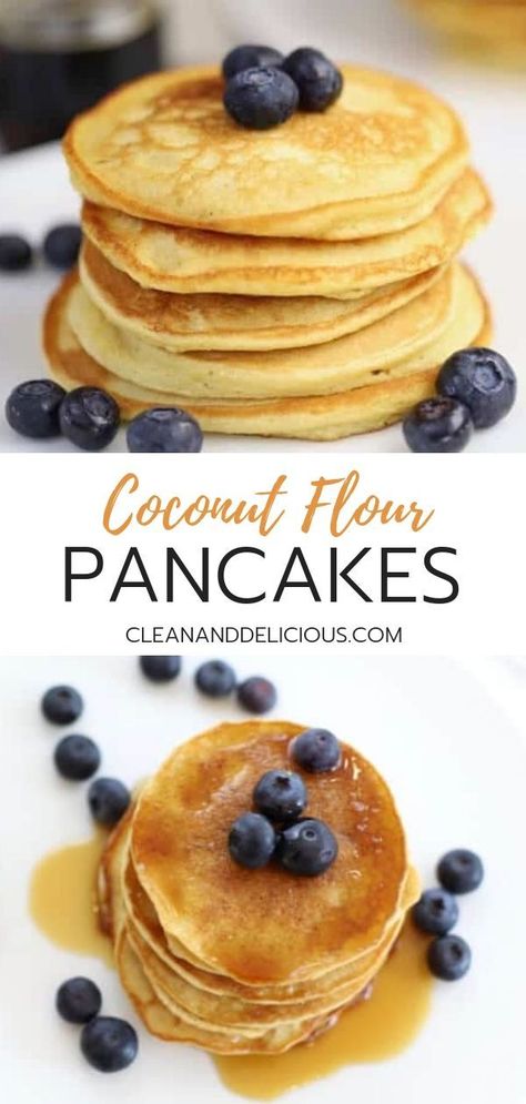 Coconut Flour Pancakes are loaded with fiber and protein, while being low carb and deliciously light and tender. Great for a healthy breakfast or brunch! #coconutflour #pancakes #healthyrecipe #cleaneating Coconut Flour Pancakes, Coconut Pancakes, Coconut Flour Recipes, Flour Pancakes, Best Low Carb Recipes, Pancakes Healthy, Flour Recipes, Foods To Eat, Coconut Flour